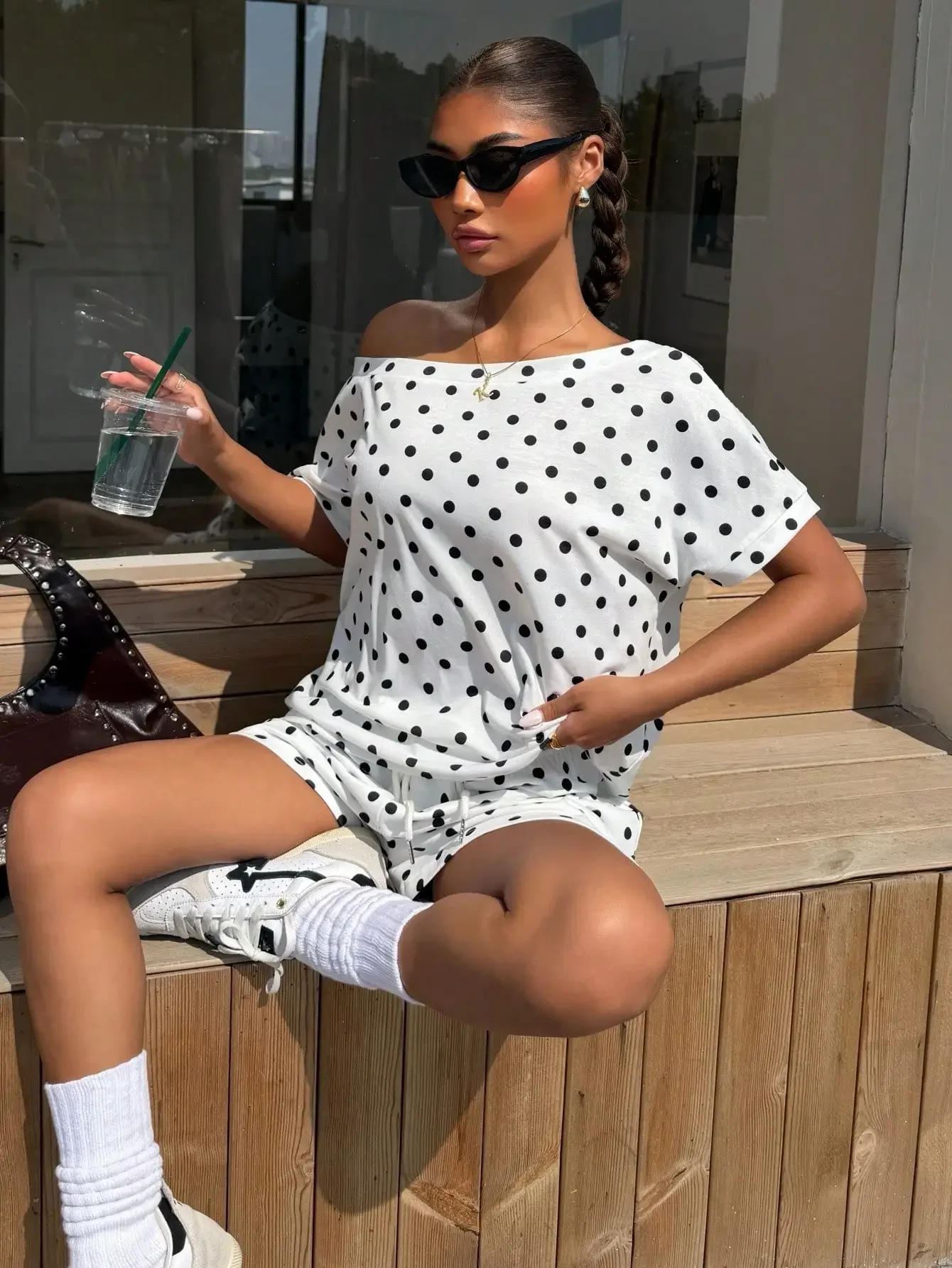

White Base Polka Dot Women's Asymmetric Neck Short Sleeve Top And Shorts Casual Suit,Summer Clothes Women Two Pieces Set