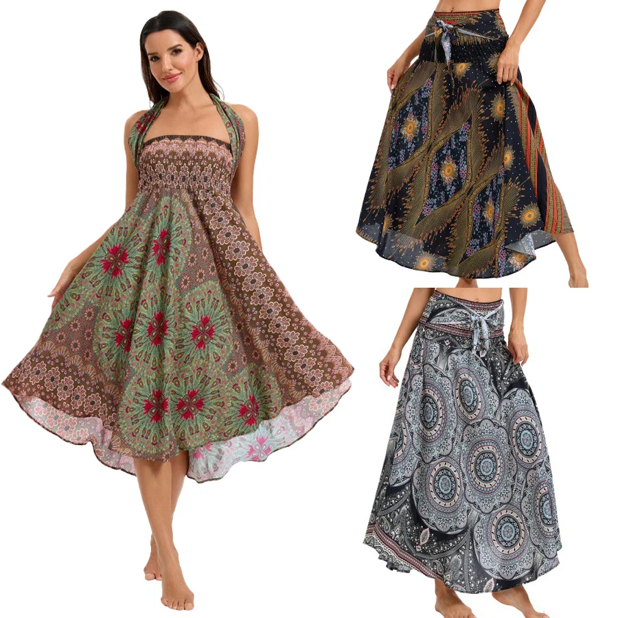 

Women Bohemian Long Dress Rayon Summer Beachwear Adult Vacation Boho Dress Bandage Halter Hippie Vintage Skirts 2026 New