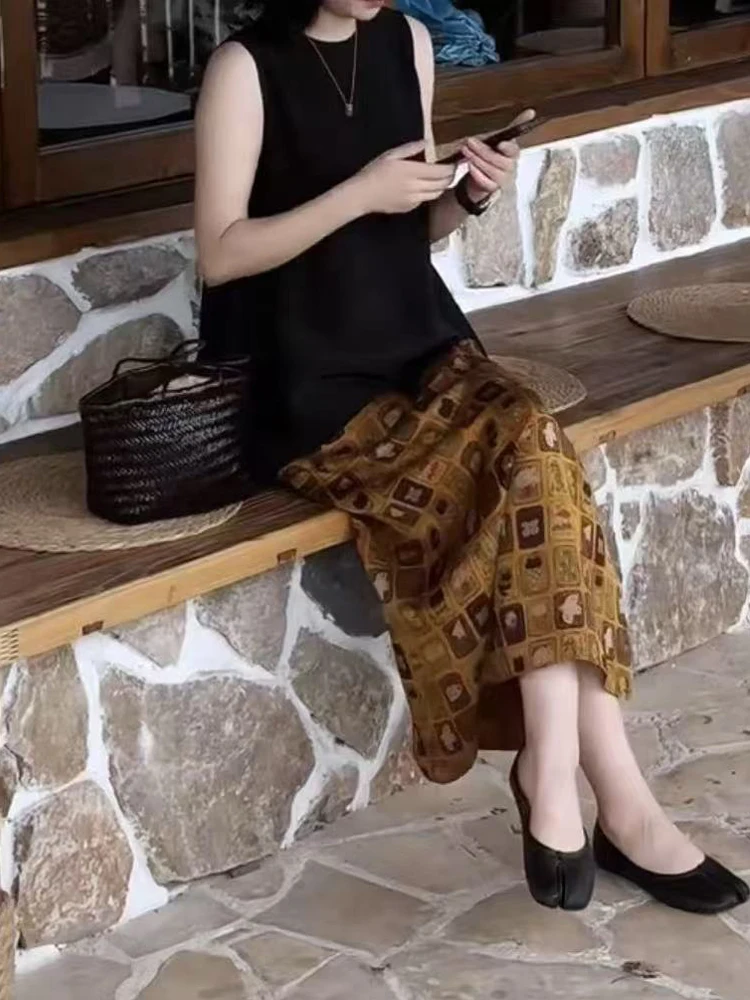 

Summer Bla round Ne Svel Slimming Top Orange Printed High Waist Midi Skirt Faionable Set T-irt A-Line Skirt