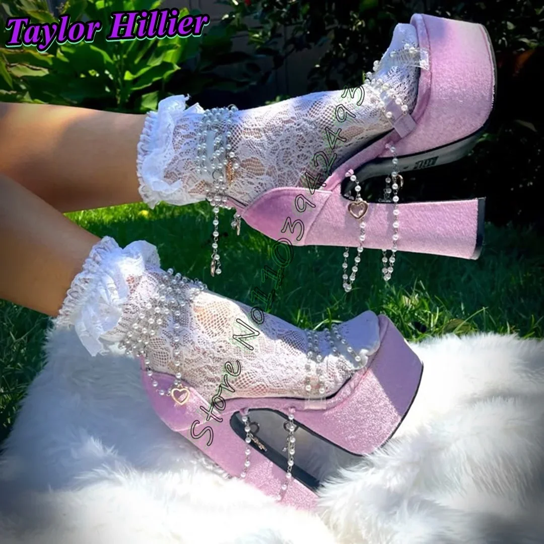 

Босоножки на платформе и каблуке с жемчужной цепочкой, женская роскошная дизайнерская обувь на массивном каблуке, летние однотонные бархатные сандалии De Mujer Jewelr