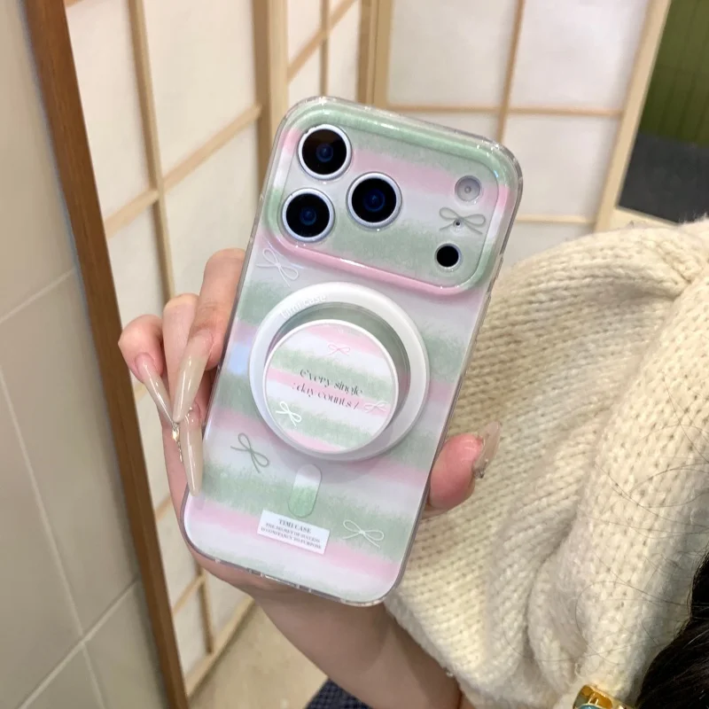 

Spring Green Cute Bowknot Magnetic Phone Case For iPhone 17 Pro 16 15 14 Pro Max Cover with Stand Lovely Protective Cases For Ma