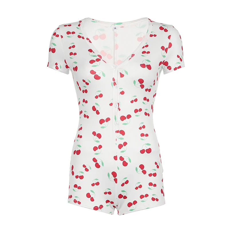 BIIKPIIK Cute Cherry Printed Playsuits Casual Loungewear Sweet Short Sleeve Rompers Buttons V-neck Slim Fit Overalls Summer Home