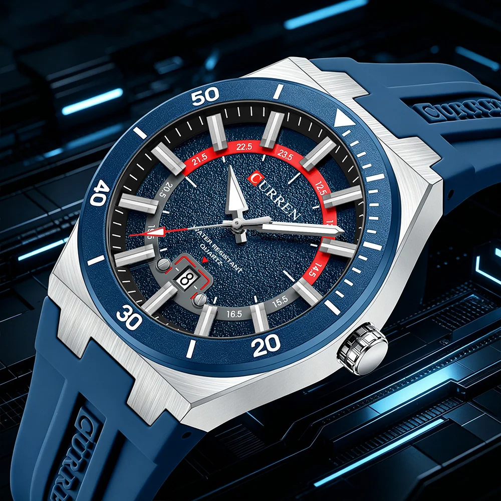 Relógio Masculino CURREN Fashion com Caixa de 43 mm e Design de Mostrador Texturizado, Ponteiros Luminosos, Relógio de Pulso Casual Esportivo com Pulseira de Silicone