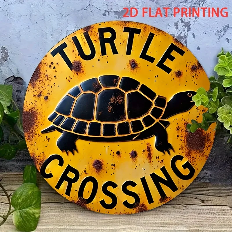 2D Flat, 1pc Vintage Turtle Crossing Warning Sign - Funny Turtle Crossing Decoration with Yellow Background, Rustic Home Decor f