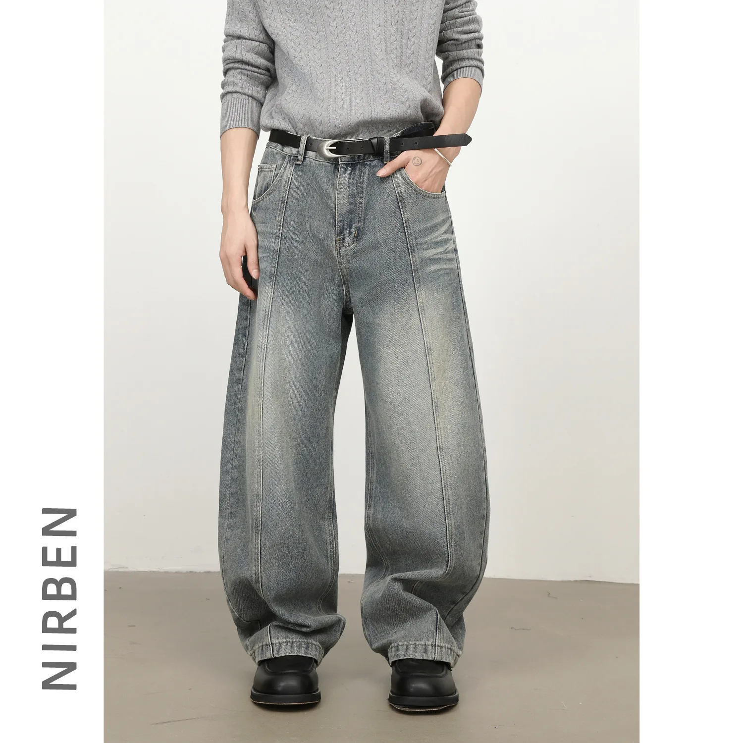 Denim Washed Nostalgic Wide-leg Jeans Men's Retro Loose Straight Denim