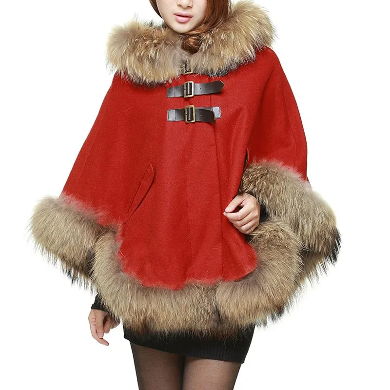 

MAOMAOKONG Winter Natural Real Raccoon Fur Collar Capes Ponchos Female Women Luxury Christmas Red Cloak Woolen Coat