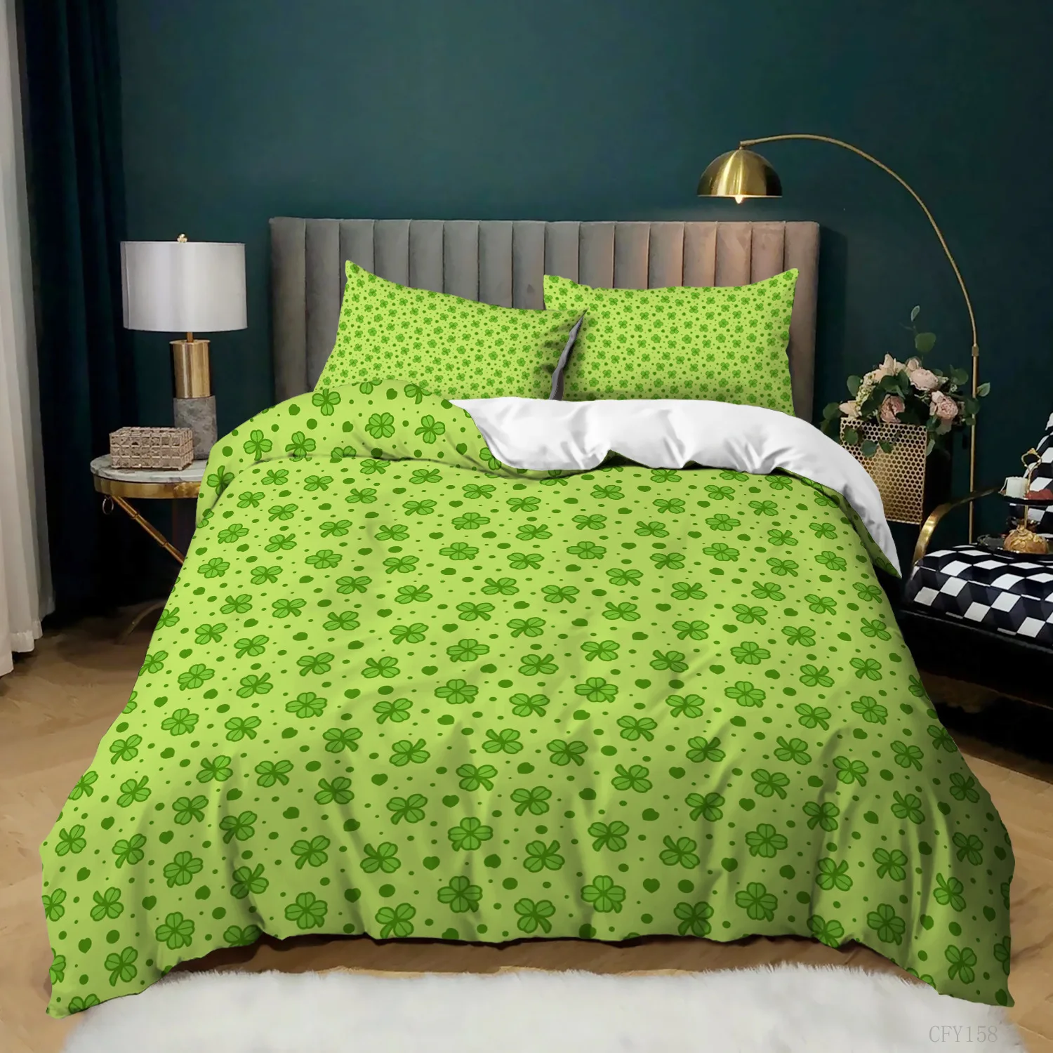 Ambesonne St. Patrick's Day Duvet Cover Set,Lucky Shamrocks Pattern Irish Clover Celebration Day Party Prints Bedding Set Queen