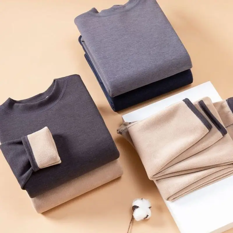 Thermal Underwear Women's Fattened and Enlarged Winter Men's New Fleece Thickened Lamb Fleece Crew Neck Set Long Johns