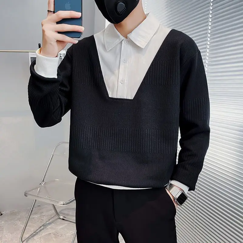 Black White Patchwork Hit Color Polo Fall Spring Long Sleeve Men T Shirts Fashion Fake Two Piece Oversized Vintage Knitted Tops