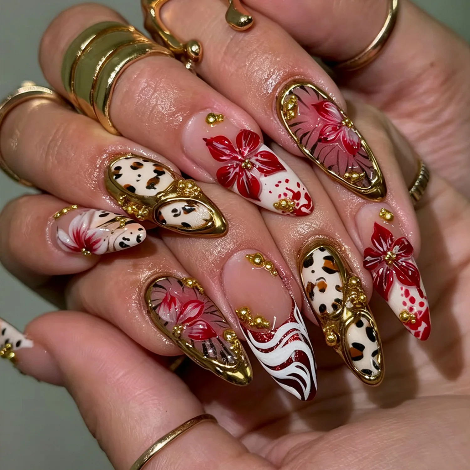 24Pcs Leopard Print French False Pink Yellow Gradient Nails 3D Flower Almond Nails Press on Gilded Design Detachable Fingernail
