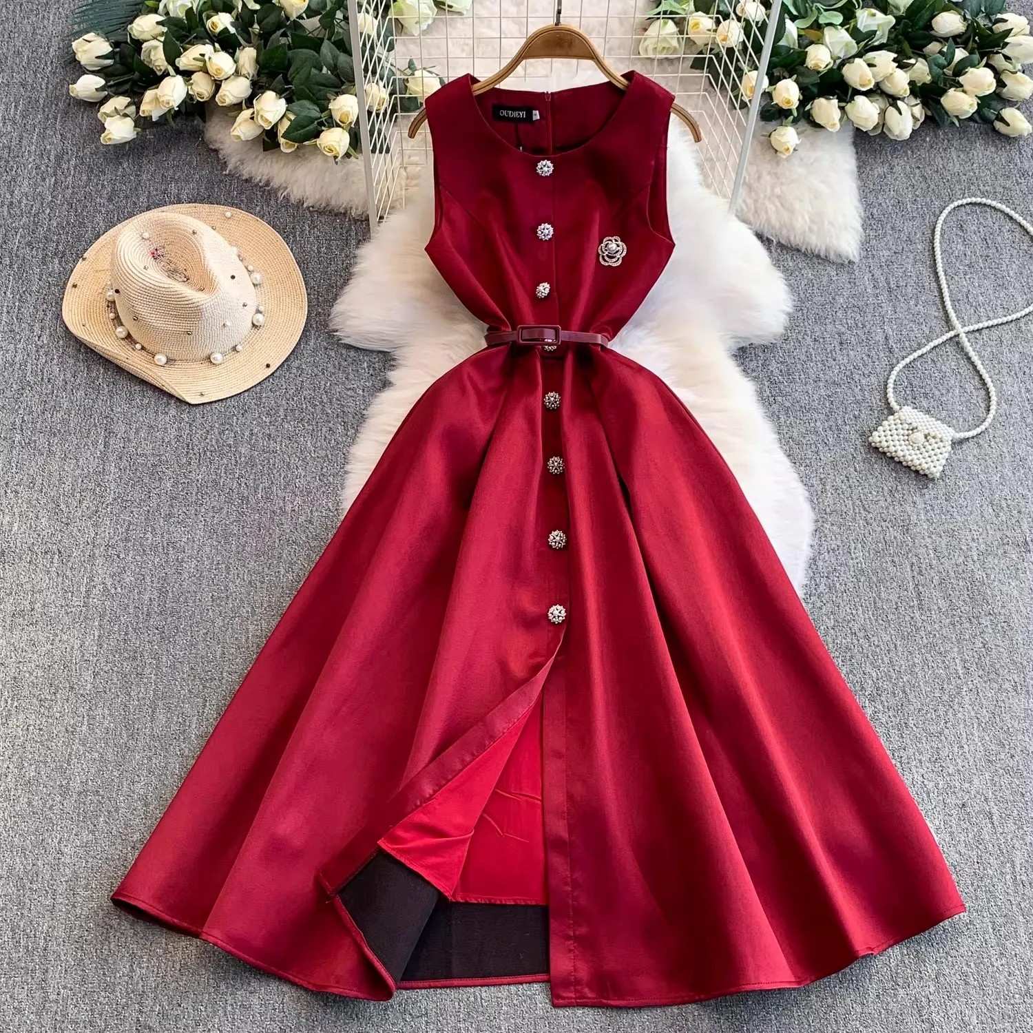 

Fashion Runway Beeding A-line Midi Prom Dress Applique Sleeveless Belt Party Gowns Sweetheart Club Evening Dress