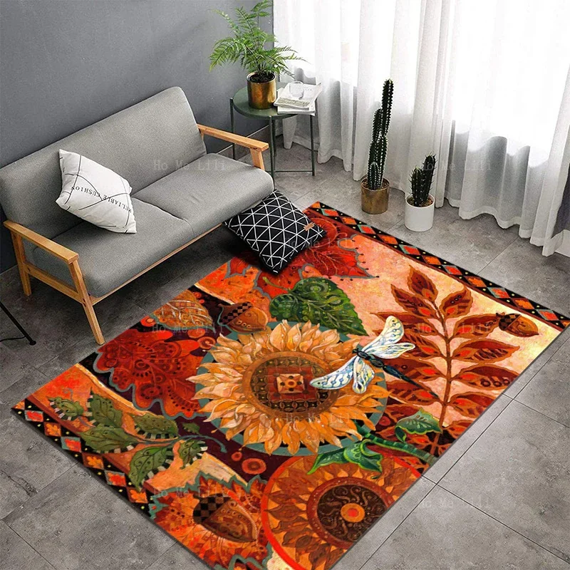 The Blooming Of Sunflowers Attracts Dragonflies Non Slip Flannel Floor Rugs By Ho Me Lili