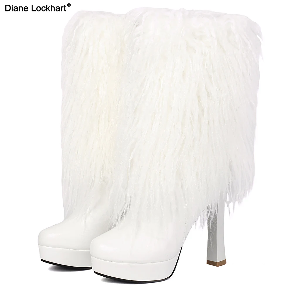 

Black Sexy Ladies Catwalk Fur Boots 2025 Winter Fashion Street Model Fur Mid-calf Stage Boots Round Toe Warm Stiletto Booties