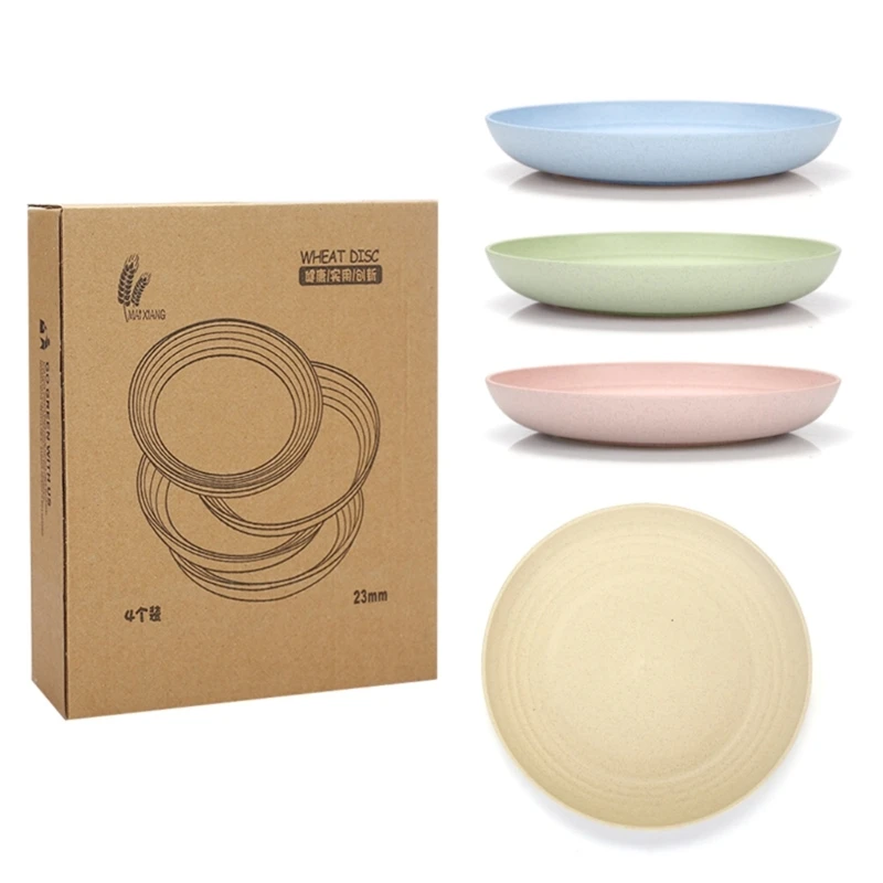 4Pcs Wheat Straw Plates Lightweight Unbreakable Round Dishes Reusable Safe Plastic Plates Dinnerware for Kitchen,Camping