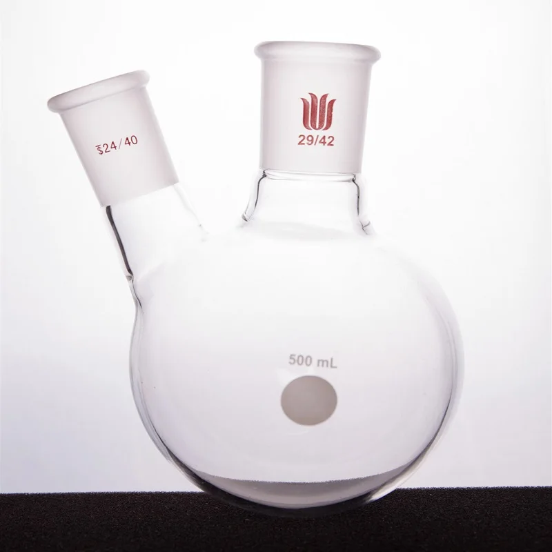 SYNTHWARE Thick walled slanted two necked bottle, Two-necked flask oblique shape, Capacity 500mL, Borosilicate glass, F41