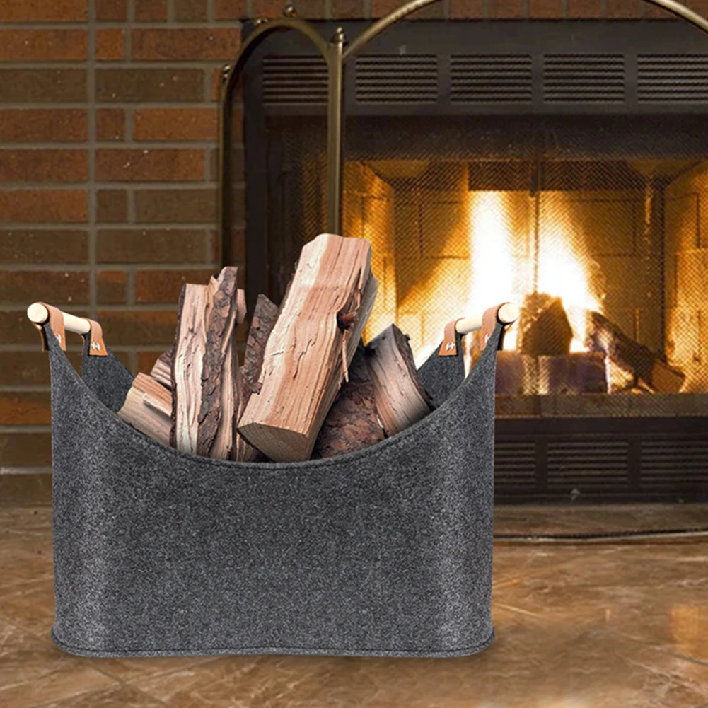 45 X 32 X 40 Cm 57 L Firewood Box Felt Basket with Wooden Handles Large Capacity Foldable Wood Basket for Fireplace & Wood Stove