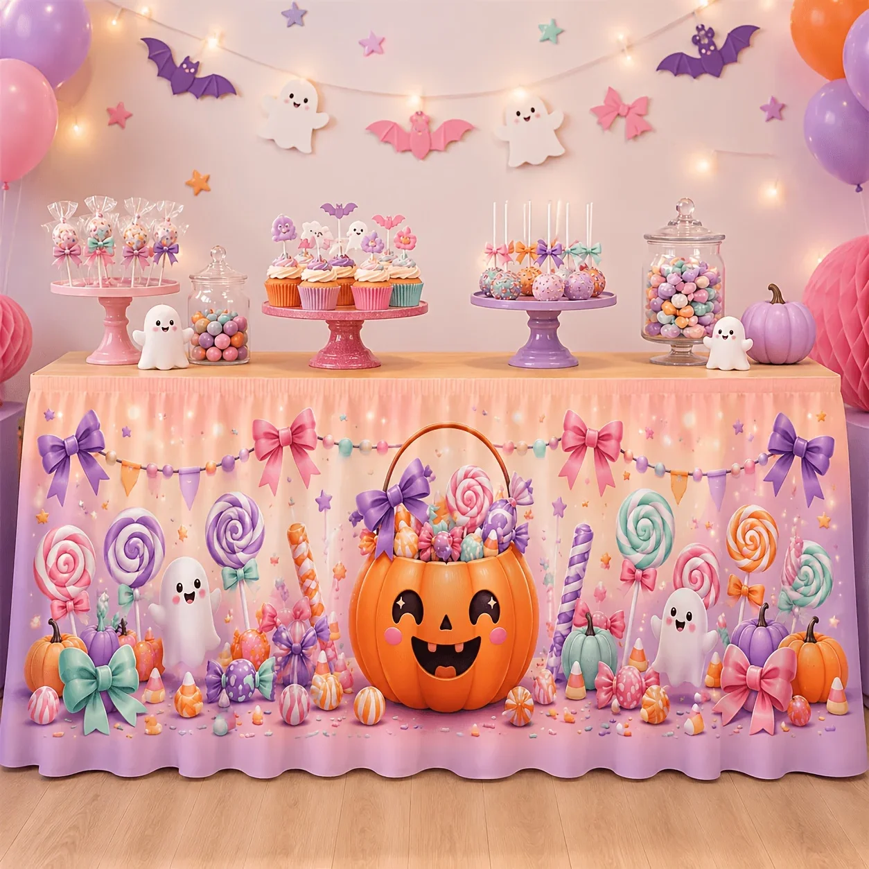 One table skirt in a pale-colored Halloween pumpkin bucket design with printed decoration. Suitable for Halloween parties.xzj