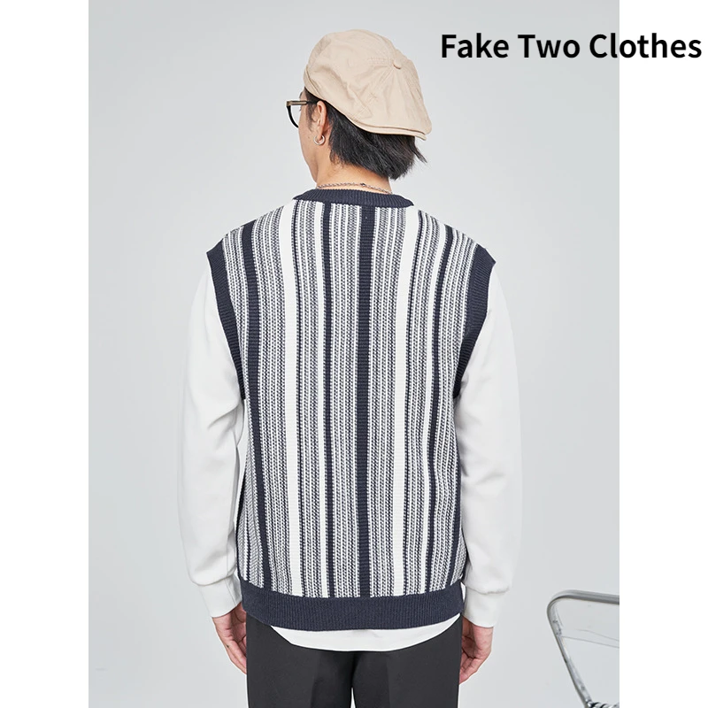 Japanese Sweater Man Vest Striped Patchwork Long Sleeve Sweaters O-Neck Pullover Korean Causal Couple Knitted Coats Autumn Tops