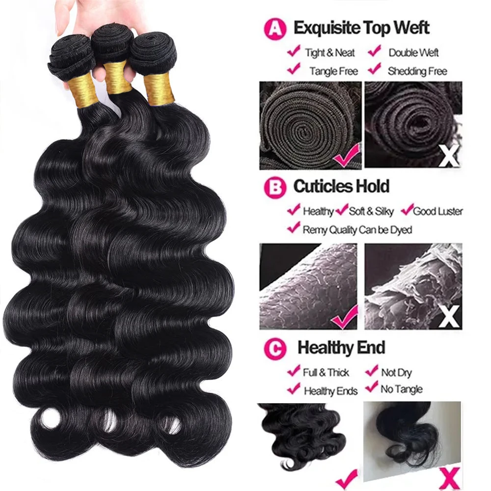 Extensions de cheveux brésiliens naturels Remy Body Wave, cheveux humains, tissage en lot, richesse en gros, document naturel, 1/3/4