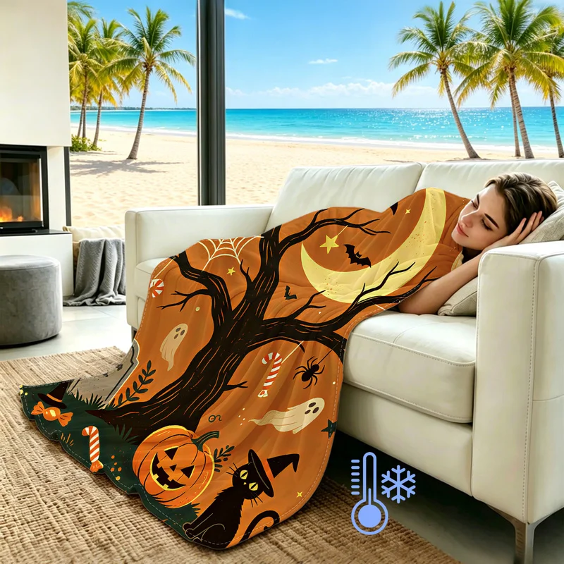 Fashion Halloween Print Cooling Blanket Pumpkin Ghost Black Cat Bat Tombstone Summer Blankets Cozy Bed Sofa Decor Holiday Gift