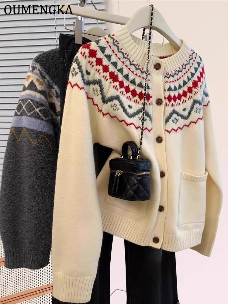 Women Fashion Jacquard Single Breasted Knitted Sweater Vintage O-Neck Long Sleeves Female Chic Lady Outfits Cardigan