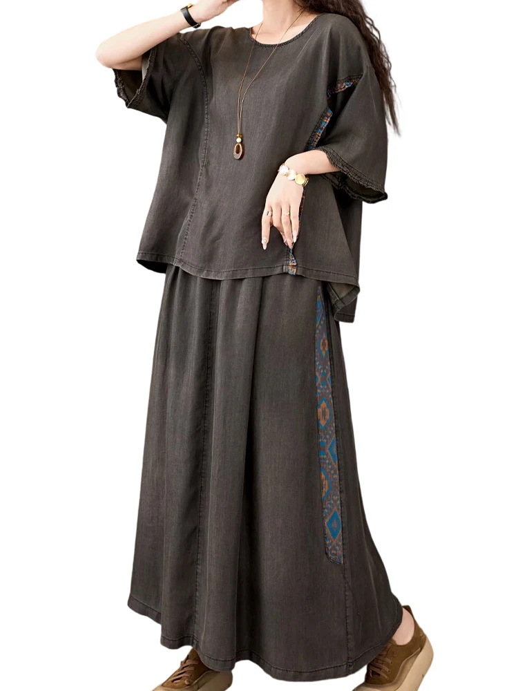 

Amax luluE 2025 Summer Bohemia Denim Suits Womens Loose Two Pieces Sets Fashion Tops Tees leisure A-line Skirt Vintage Outfits