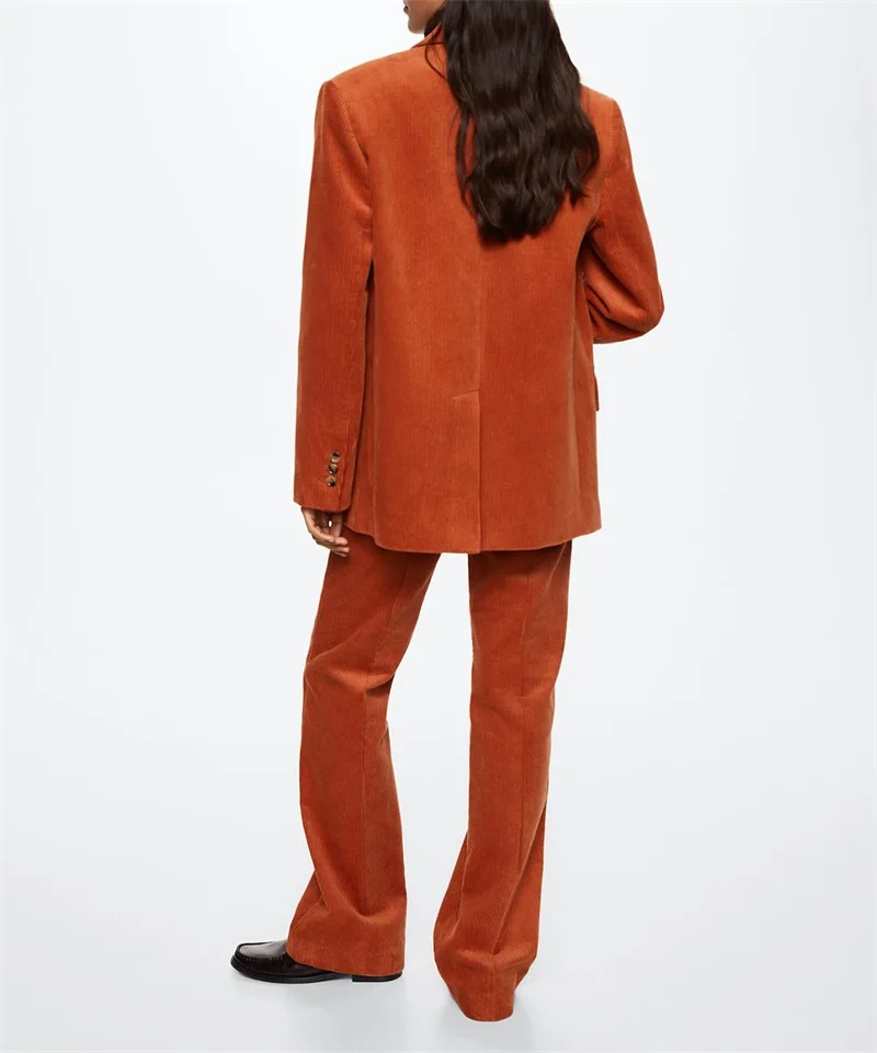 Ensemble 2 pièces Blazer et pantalon en velours côtelé pour femmes, costume d'hiver Orange, sur mesure, Double boutonnage, pour bal de mariage