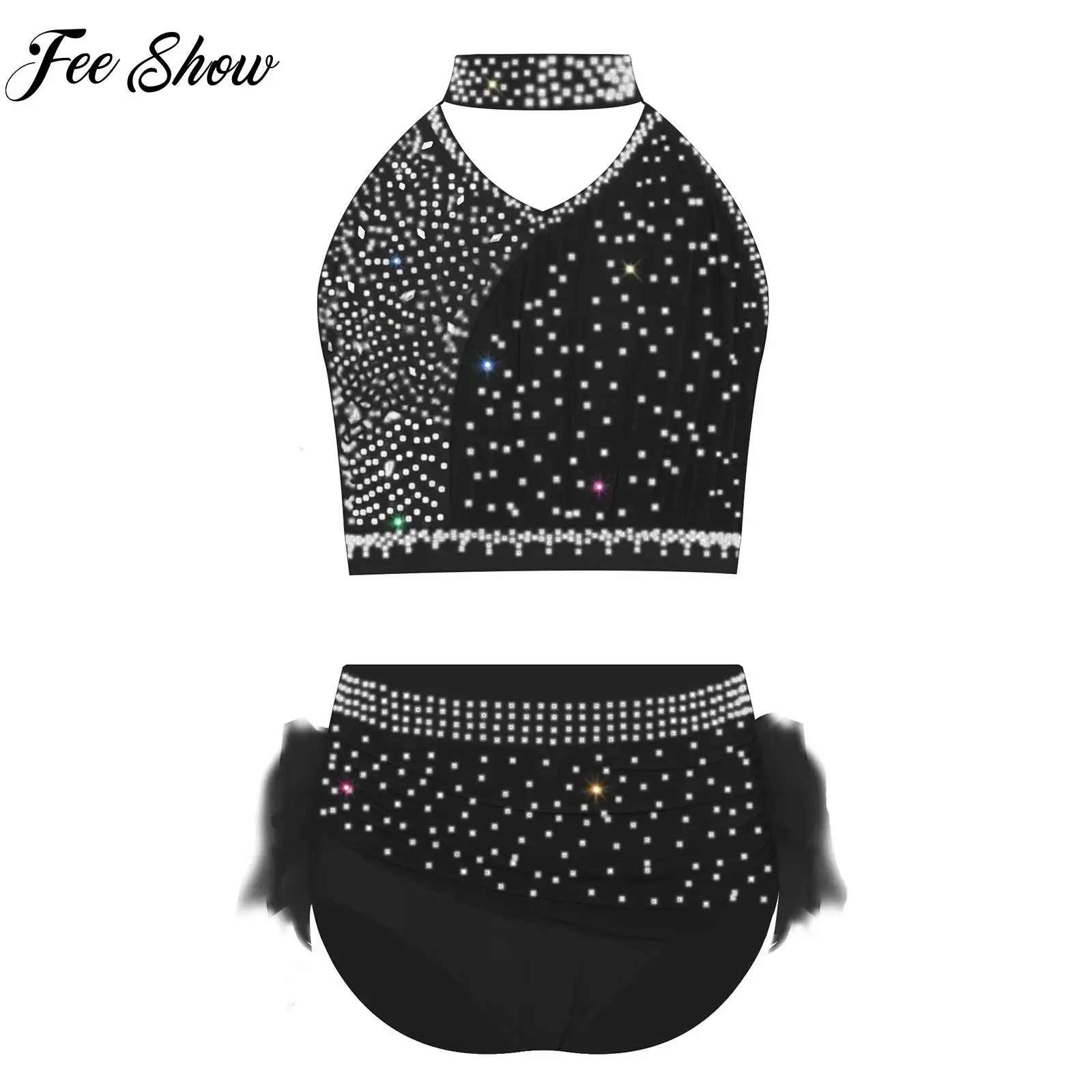 

Современный лирический танцевальный наряд для девочек-подростков, укороченный топ со стразами и рюшами + юбка, комплект для гимнастики, балета, современного танца, фигурного катания