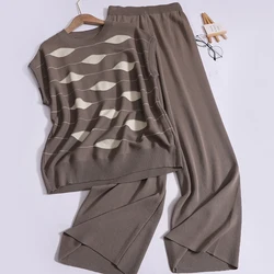 Women Summer Lazy Style Loose Knit Two-piece Set O-Neck Sleeveless Water Wave Pattern Top Elastic Band High Waist Wide Leg Pants