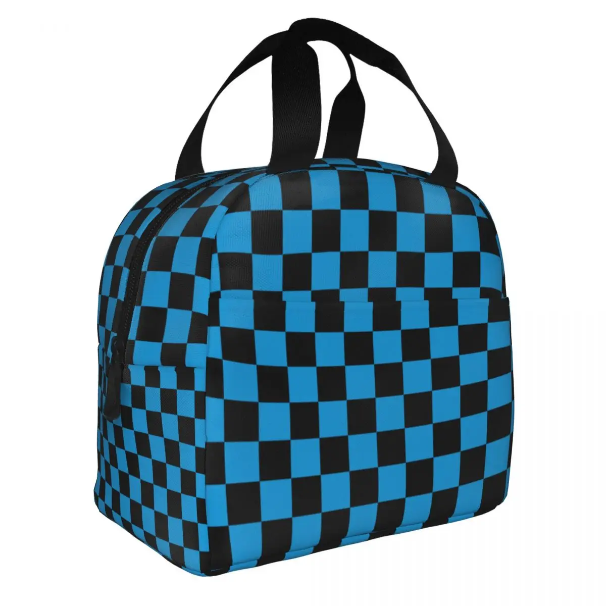 Custom Checkerboard Plaid Insulated Lunch Bag for Women Resuable Light Blue And Black Thermal Cooler Lunch Box Beach Camping