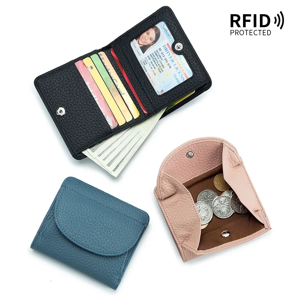Cowhide Coin Purse Bags Luxury Clutch Slim Pocket Wallets For Women Genuine Leather RFID ID Credit Bank Business Card Holder