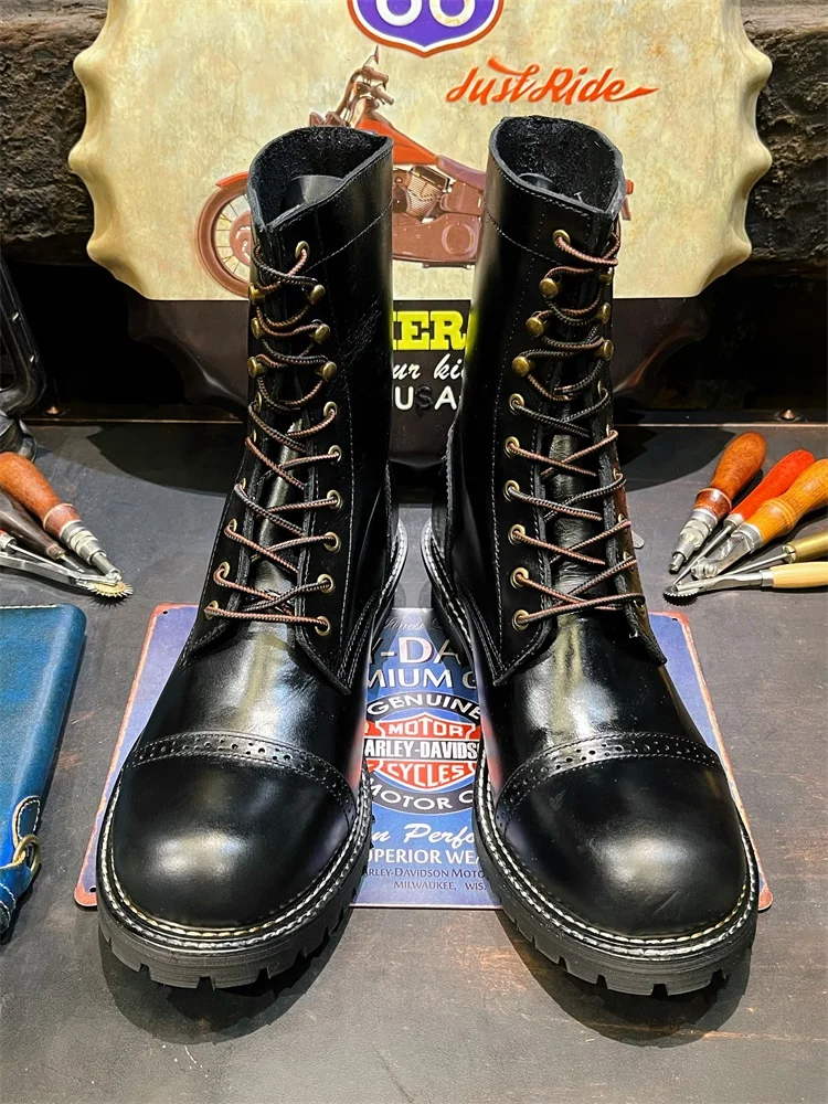 Black Retro Leather Workwear Cycling Cowhide Boots Men's Long Tube Motorcycle Shoes - Image 5
