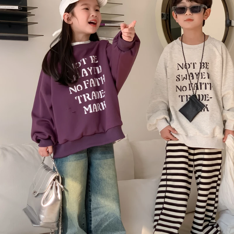 

Boy Girl Hoodie Sweatshirt 2024 Autumn New Korean Version Perforated Round Neck Casual Letters Loose Printing Comfortable