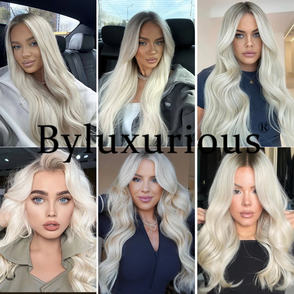 Byluxurious البلاتين لامع الجذر الظل بيتشي موجات 100% عذراء شعر مستعار غير قابل للاكتشاف شعري 180% خفيفة الوزن تصميم الباروكات