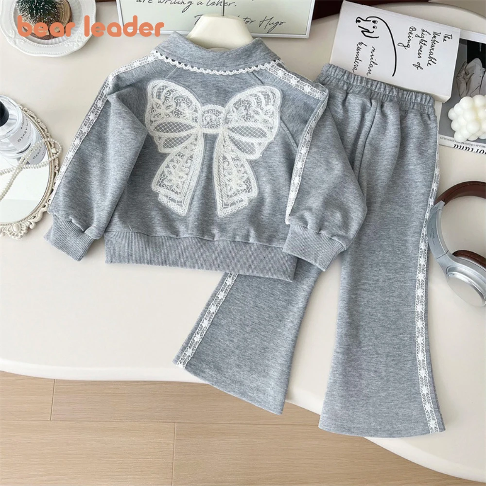 Bear Leader 2024 Autumn New Korean Version Grey Bow Collar Long Sleeve Top+Lace Edge Flared Pants Sportswear Two Piece Set