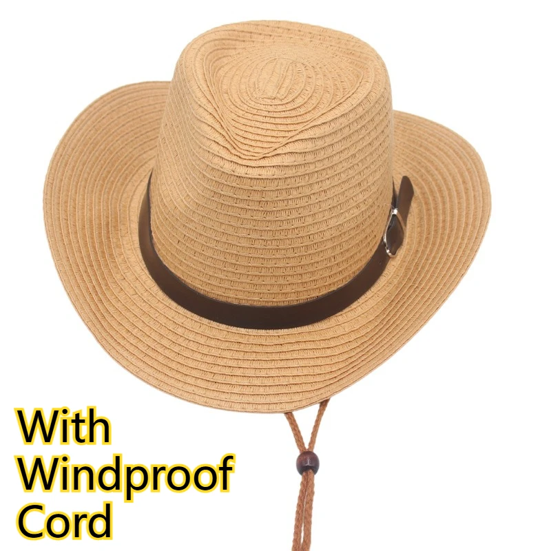 

Parent-Child Western Cowboy Straw Hat with Chin Strap Breathable Curved Brim Holiday Hat with Black Belt Accent for Dad and Kids