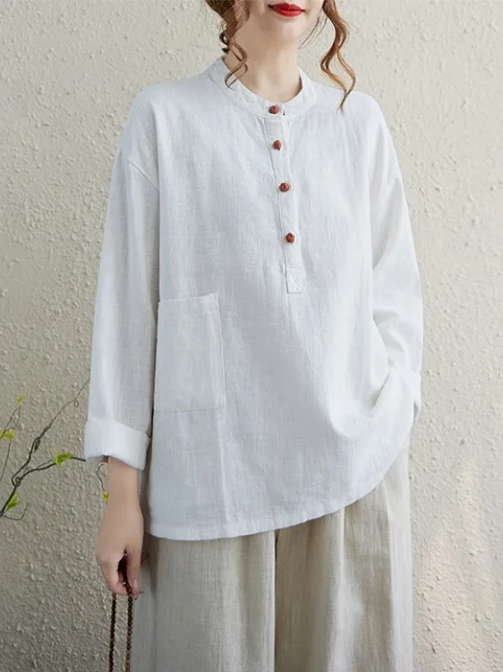 

Женский осенний топ из хлопка и льна в стиле ретро с воротником-стойкой на пуговицах и воротником-стойкой большого размера