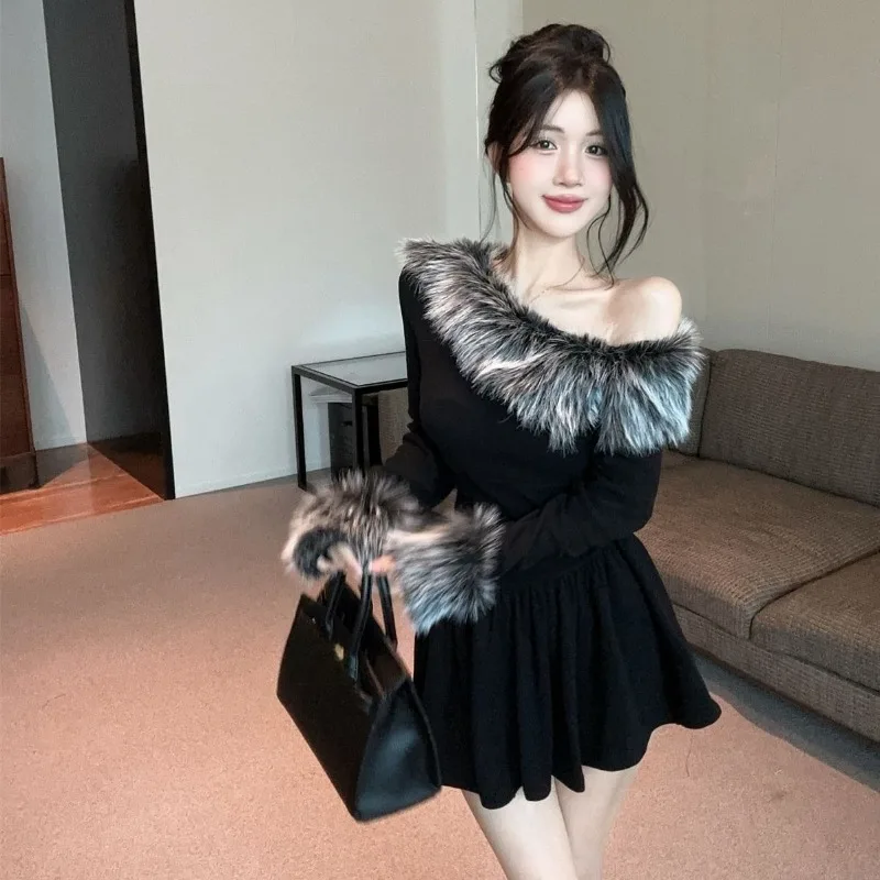 Maillard's Fur Collar Off-the-shoulder Dress Women in Autumn Winter Pure and Sexy One-shoulder Pleated Skirt with Cinched Waist