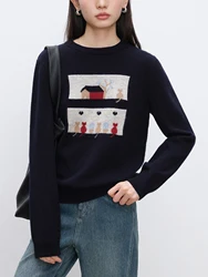 ZIQIAO 30.7% Wool Women Navy Blue Pullover Sweaters Print Patchwork Design Female Winter Round Neck Knitted Tops 24ZQ94141