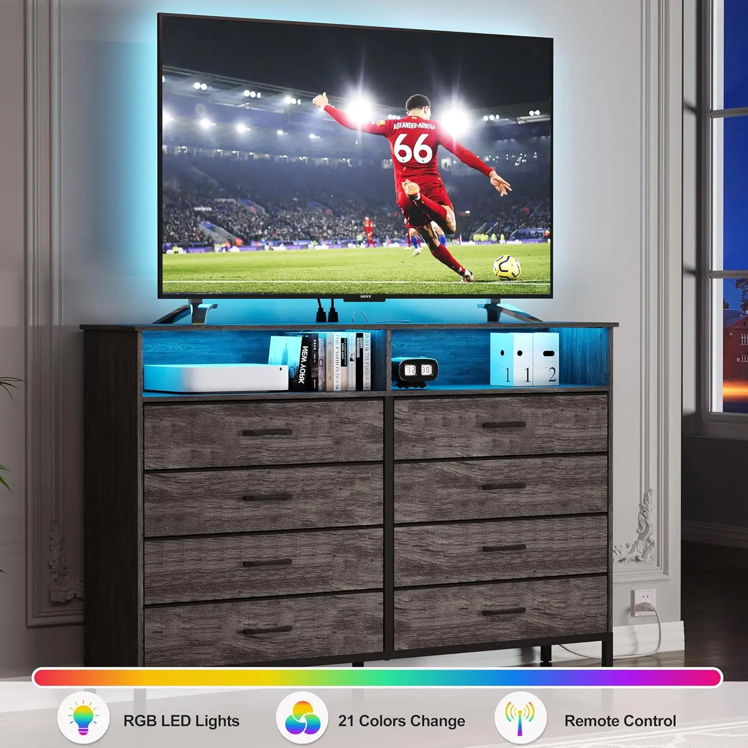 Cômoda para quarto LED com estação de carregamento, alta com 8 cômoda de tecido, para crianças Roo