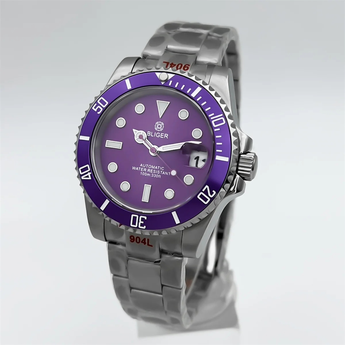 

BLIGER Purple dial Aluminum bezel 40mm Men's Automatic Diving Watch NH35A Movement Sapphire glass stainless steel 316L bracelet