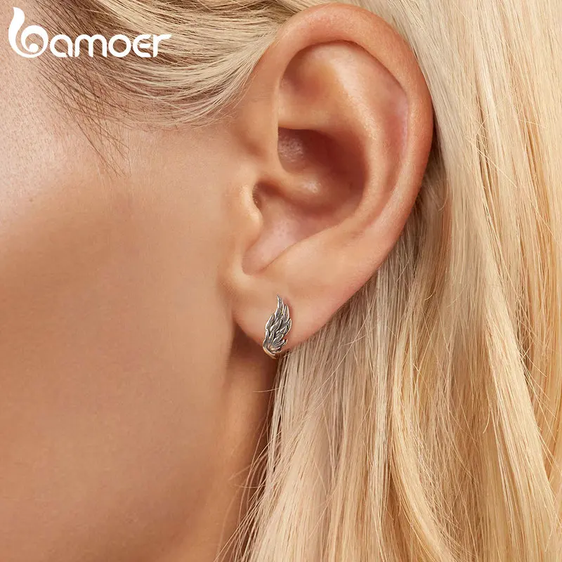 Bamoer Original 925 Sterling Light luxury Animal Design Wing Hoop Earrings Buckle Oxidized For Women Birthday Gift Fine Jewelry