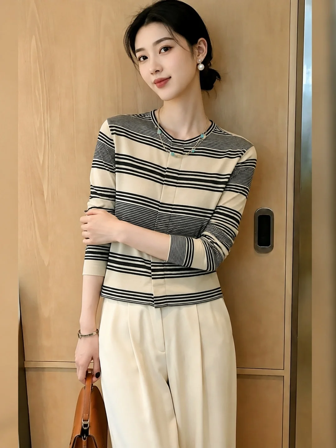 Trendy Color Block Striped Knitwear Commute Fashionable Versatile Top for Younger Look Straight Cut Korean Style Long Sleeve