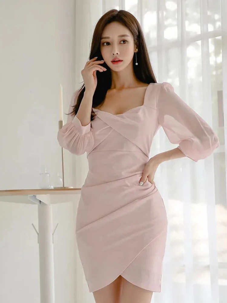 

New Korean Fashion Spring Ladies Asymmetric Short Dresses Women Elegant Sweet Sexy Square Collar Slim Mini Dress Mujer Vestidos