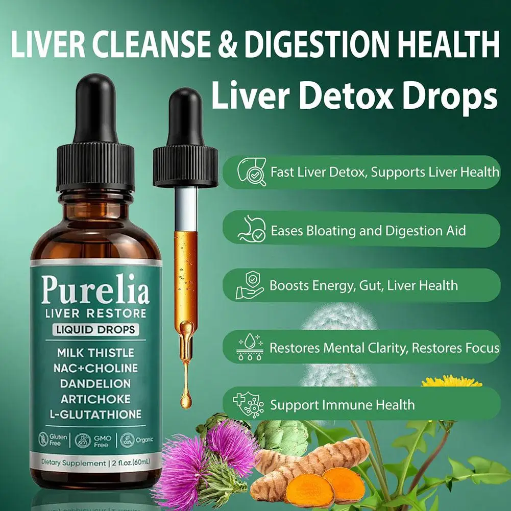 Daily Herbal Wellness Drops 60ml Milk Thistle NAC Choline Dandelion Artichoke Glutathione Liquid Supplement with Dropper Bottle