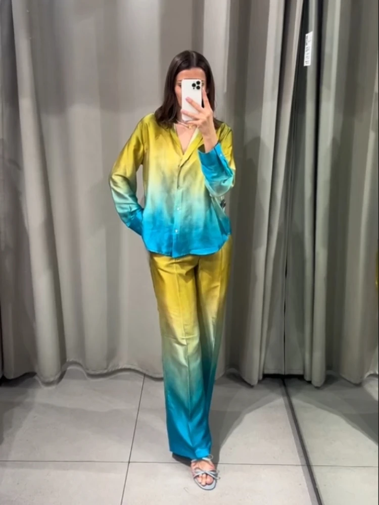 

PB&ZA Women's 2024 Summer French Style Tie Dyed Silk Satin Texture Polo Collar Long sleeved Shirt/Loose Straight Leg Trouser Set