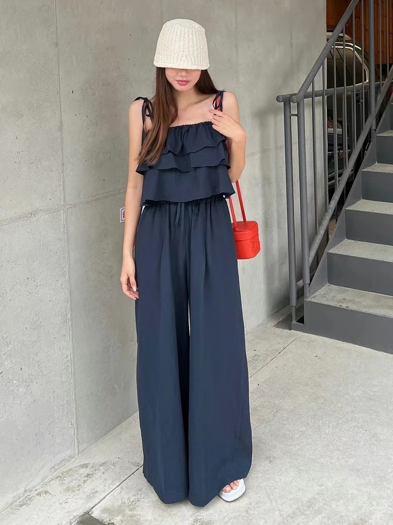 Summer Slimming High Waist Wide Leg Casual Pants Set Women's Fashion Two-Piece Suit with Lace Trim Tank Top And Long Pants