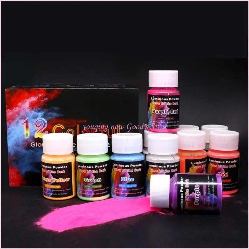 57QA 12 لون مسحوق مضيء يتوهج في الظلام مسحوق صباغة للراتنج الفن الوحل مسمار الفن الاكريليك الطلاء وصنع الحرف اليدوية
