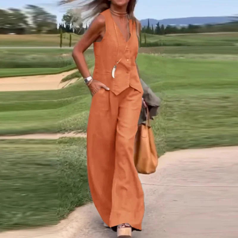 Fashion Women V Neck Button Vest Shirt Wide Leg Pants Suit Women Casual Two Piece Set Tracksuits 2024