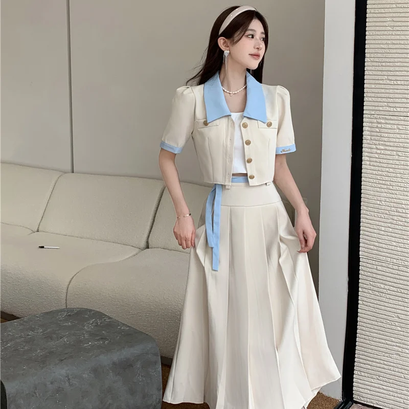 Women Preppy Style Patchwork Coat Skirts Two Piece Dress Set Summer 2023 Korean Lady Graceful Short Jacket Skirt with Waist Suit